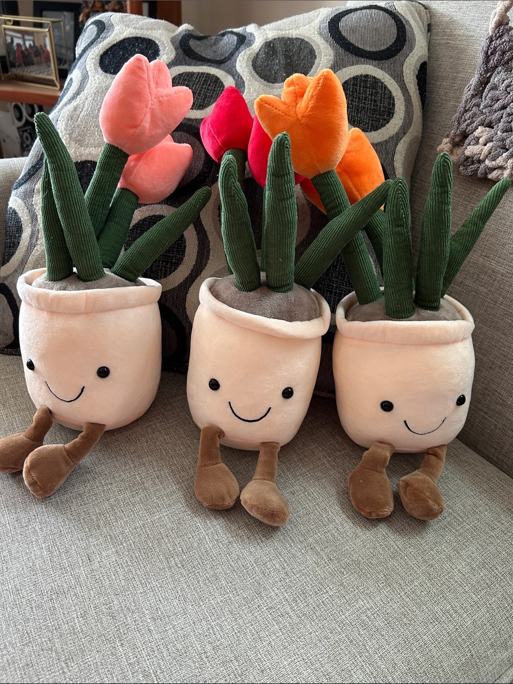 Plush unbranded Smiling Flower Pot Trio - Pink, Red, Orange Tulips